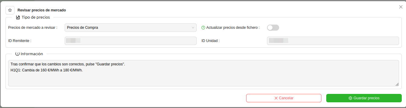 Confirmar preus OMIE